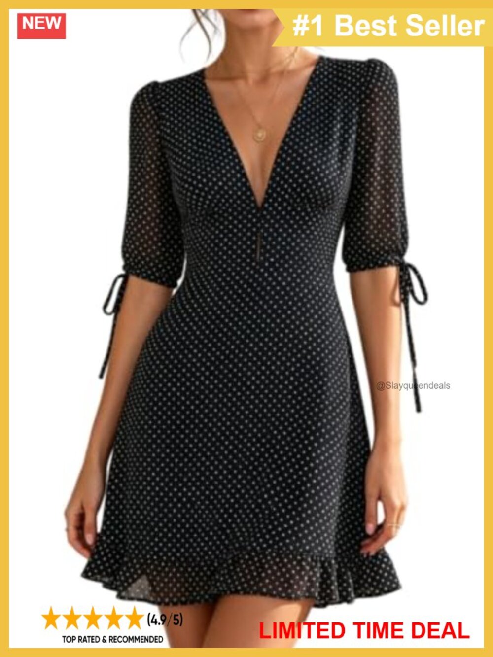 Polka Dot Mini Dress Deep V Neck High Waisted A-Line Ruched Flounce